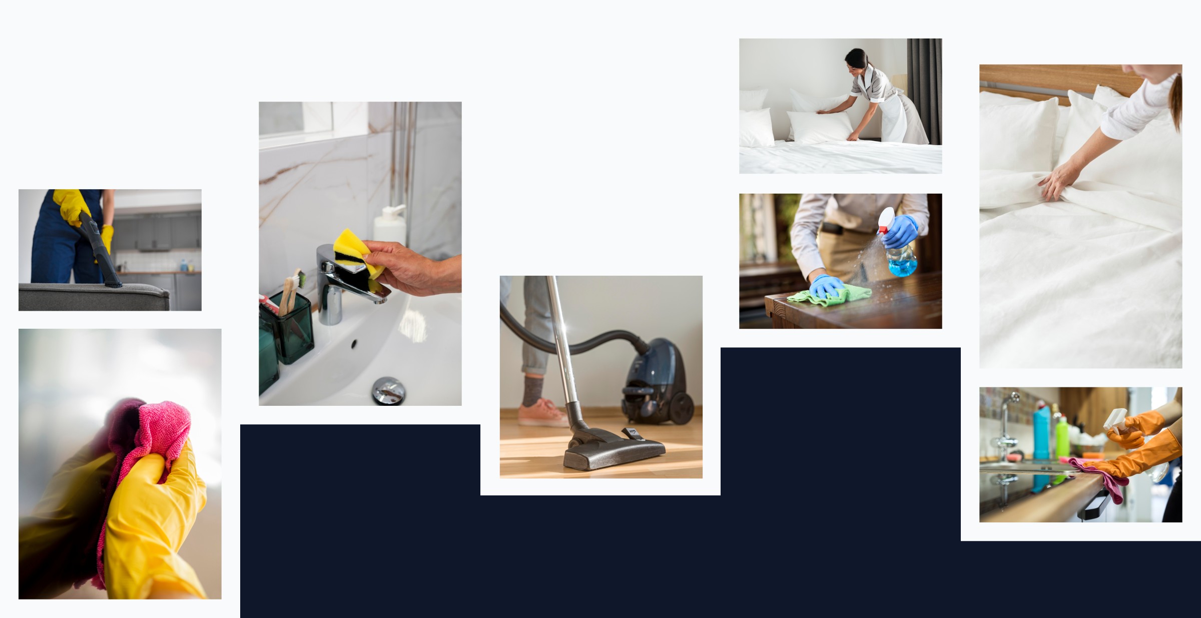 Immagine decorativa contenente immagini dei nostri servizi, come noleggio biancheria e pulizie straordinarie